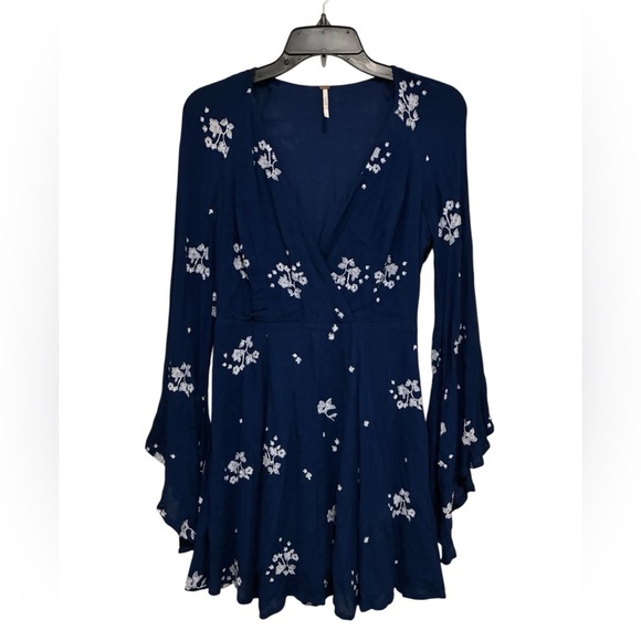 Free People Blue White Jasmine Floral Embroidered Long Bell Sleeve Gauzy Dress 2 - Picture 5 of 15
